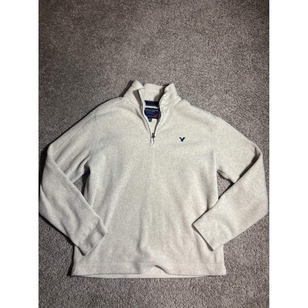 American Eagle Outfitters Mens Large Oatmeal Heather Quarter Zip Fleece Pullover